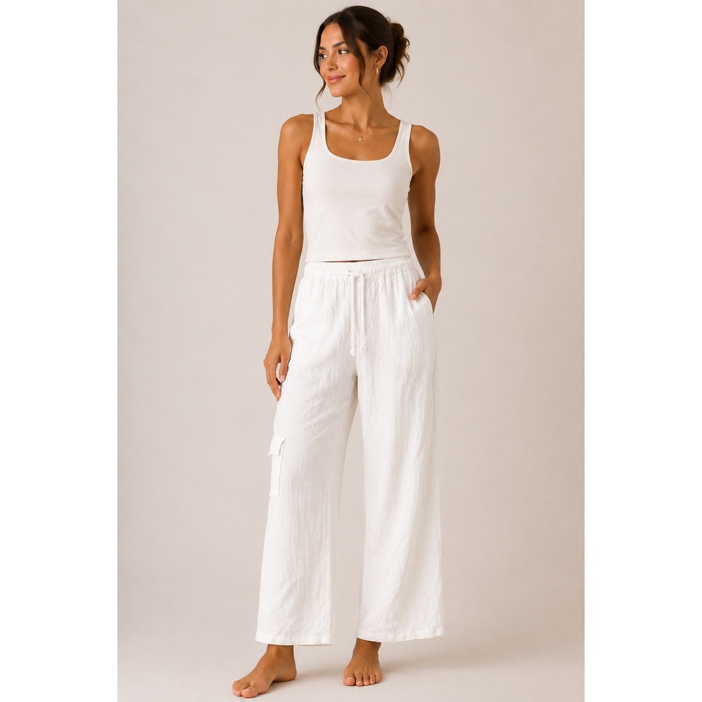 Chico's Women Pants Size 1 White Cotton Gauze Cargo Drawstring Wide Leg Relaxed